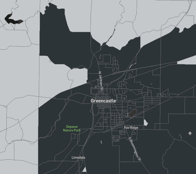 Map of coverage for Metronet Fiber internet in Greencastle, In