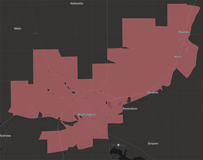 Coverage map of Fiber Internet provided by Metronet in the city of Huntington in the state of Indiana