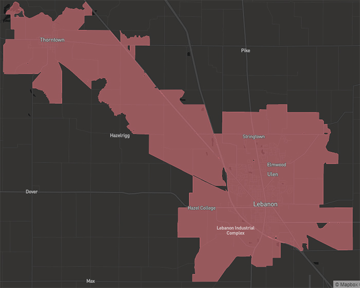 Coverage map of Fiber Internet provided by Metronet in the city of Lebanon in the state of Indiana