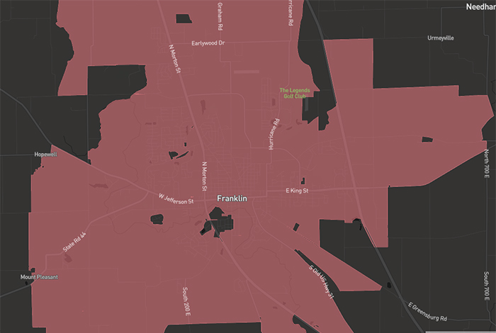 FCC Broadband coverage overlap of Franklin Indiana for Metronet