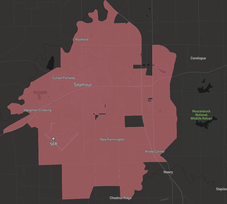 Coverage map as of July 2020 for MetroNet internet in Seymour, In