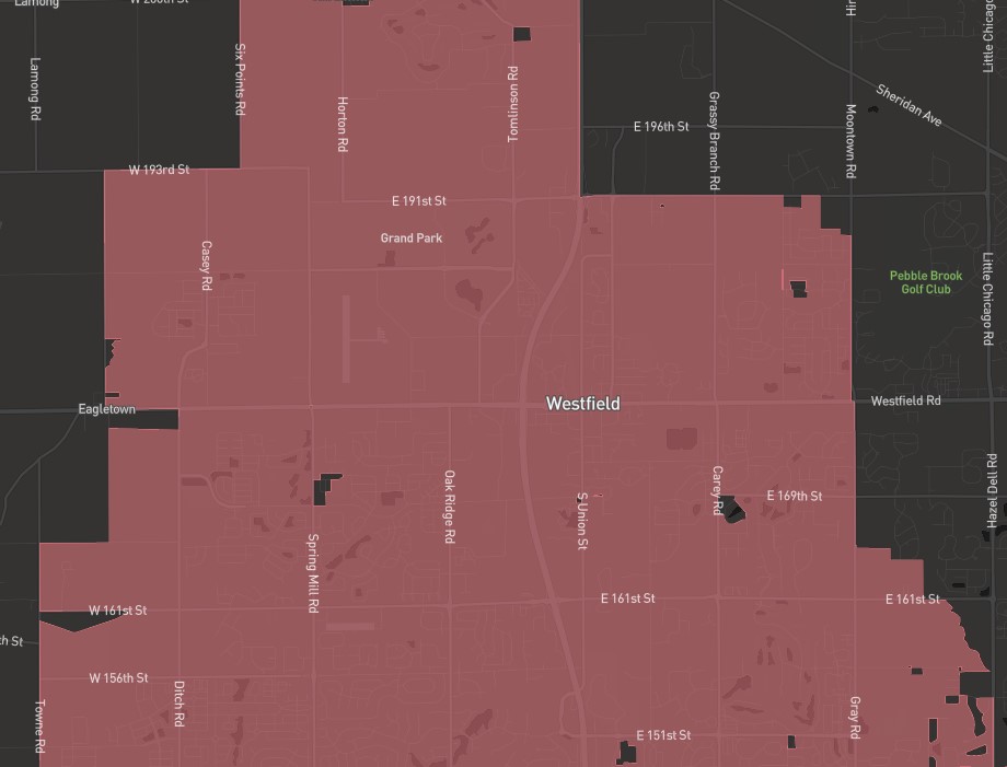 Coverage map as of July 2020 for MetroNet internet in Westfield, In